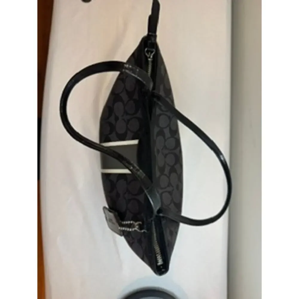 Coach Signature Stripe Tote Black Gray Patent Trim Shoulder Bag
